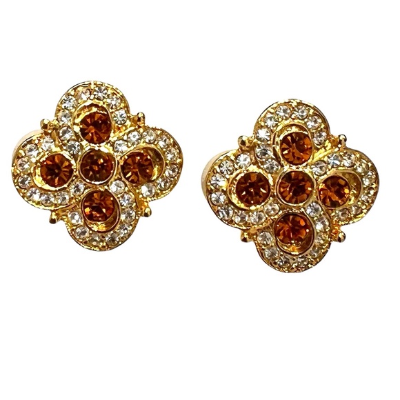 VINTAGE JOAN RIVERS GOLD TONE AND AMBER CLOVER/FLOWER CLIP ON EARRINGS - Picture 1 of 15